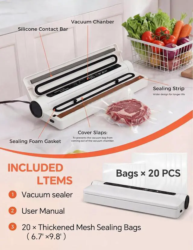 Alt view image 2 of 7 - 75KPa Vacuum Sealer for Food,Food Saver Vacuum Sealer Machine,Compact Lightweight,20 Vacuum Seal Bags,Digital Countdown Timer,Meat Food Storage,Home Kitchen Gadgets,Appliances