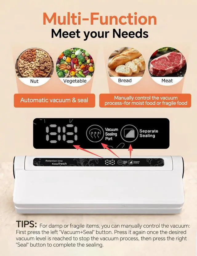 Alt view image 7 of 7 - 75KPa Vacuum Sealer for Food,Food Saver Vacuum Sealer Machine,Compact Lightweight,20 Vacuum Seal Bags,Digital Countdown Timer,Meat Food Storage,Home Kitchen Gadgets,Appliances