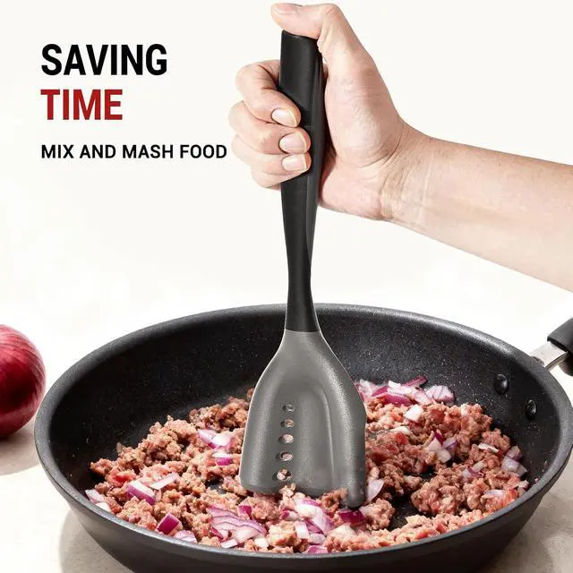 Alt view image 4 of 7 - Meat Chopper Mincing Spatula, Silicone Hamburger Grinder for Ground Beef | Heat Resistant, Smasher for Potato Mix Tool, Non-Scratch for Non-Stick Pans, Meat & Poultry Tenderizers, Black
