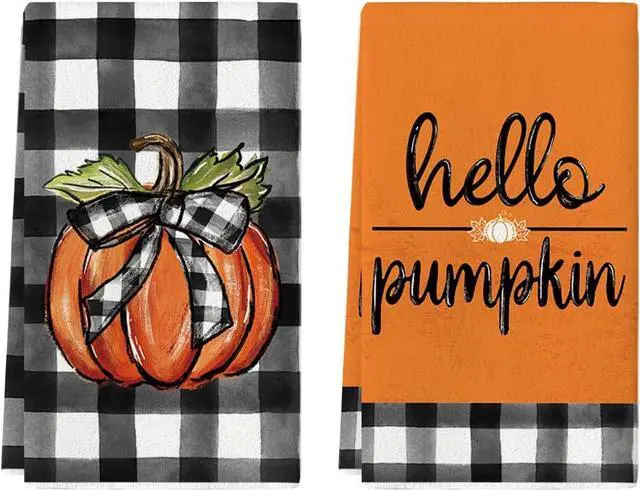 Main image of Artoid Mode Hello Pumpkin Fall Kitchen Towels Set of 2 18x26 Inch | Thanksgiving Autumn Buffalo Plaid Hand & Dish Towels,Ultra Absorbent,Seasonal Farmhouse Decoration