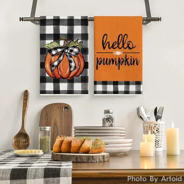 Alt view image 2 of 6 - Artoid Mode Hello Pumpkin Fall Kitchen Towels Set of 2 18x26 Inch | Thanksgiving Autumn Buffalo Plaid Hand & Dish Towels,Ultra Absorbent,Seasonal Farmhouse Decoration