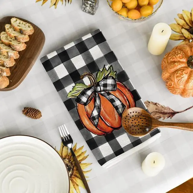 Alt view image 4 of 6 - Artoid Mode Hello Pumpkin Fall Kitchen Towels Set of 2 18x26 Inch | Thanksgiving Autumn Buffalo Plaid Hand & Dish Towels,Ultra Absorbent,Seasonal Farmhouse Decoration