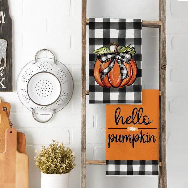 Alt view image 3 of 6 - Artoid Mode Hello Pumpkin Fall Kitchen Towels Set of 2 18x26 Inch | Thanksgiving Autumn Buffalo Plaid Hand & Dish Towels,Ultra Absorbent,Seasonal Farmhouse Decoration
