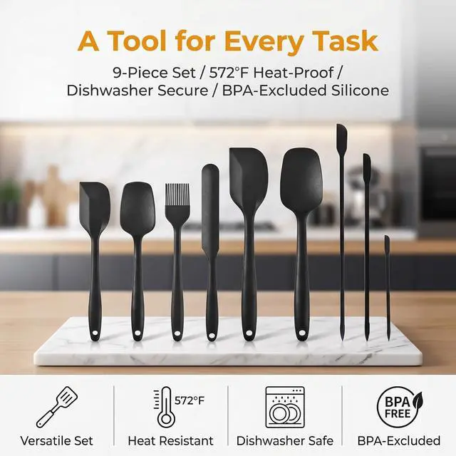 Alt view image 2 of 7 - Silicone Spatula Set 9Pcs, Heat Resistant 572°F, Durable One-Piece Design, BPA-Free for Baking, Cooking, and Mixing Non Stick Dishwasher Safe, Black