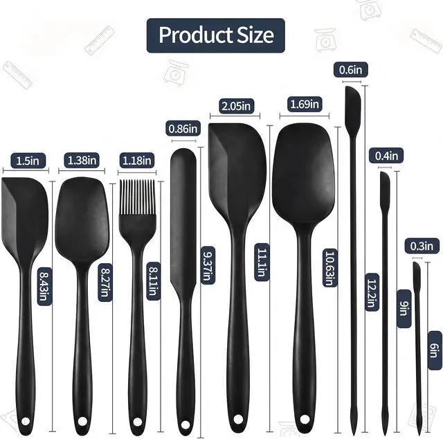 Alt view image 7 of 7 - Silicone Spatula Set 9Pcs, Heat Resistant 572°F, Durable One-Piece Design, BPA-Free for Baking, Cooking, and Mixing Non Stick Dishwasher Safe, Black