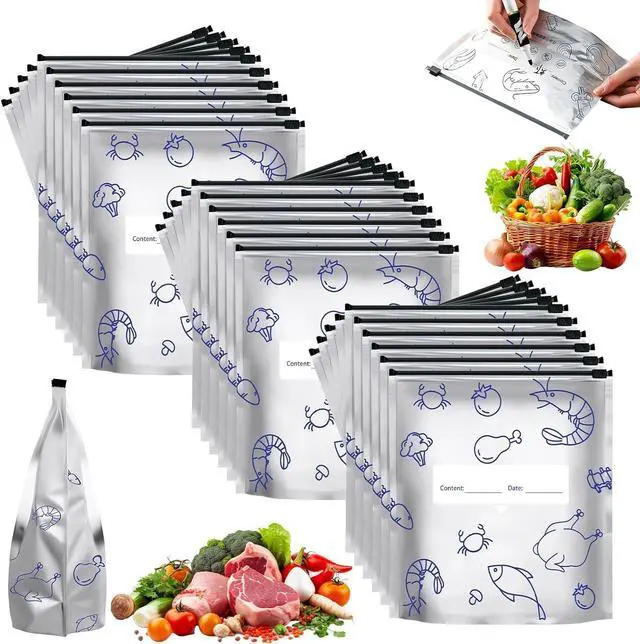 Main image of 30Pcs Reusable Aluminum Foil Sealable Storage Bags, 2026 New Resealable Vacuum Zipper Pouches for Food, Stand Up Foil Sealable Bags with Label and Zip Lock for Vegetable (Large)