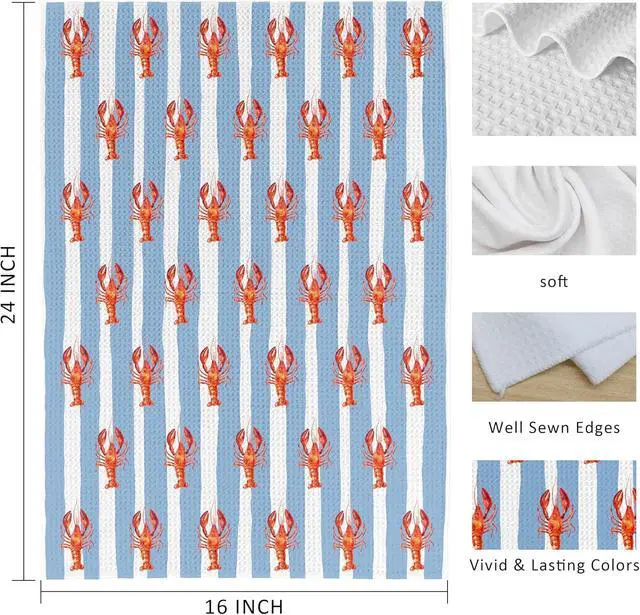 Alt view image 6 of 6 - Red Crawfish Blue Beach Coastal Kitchen Towels, Lovers Gifts Dish Tea Towels for Kitchen Decor, Coastal Nautical Crawfish Decore Hand Towels for Bathroom, Seafood Boil Party Supplies,16x24 Inch