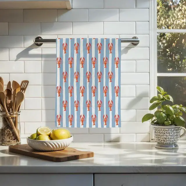 Alt view image 2 of 6 - Red Crawfish Blue Beach Coastal Kitchen Towels, Lovers Gifts Dish Tea Towels for Kitchen Decor, Coastal Nautical Crawfish Decore Hand Towels for Bathroom, Seafood Boil Party Supplies,16x24 Inch