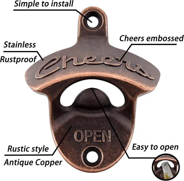 Alt view image 2 of 6 - Old Style Bottle Opener Wall Mounted Beer Cap Opener Cheers Gift, Antique Copper Mountable Soda Bottle Top Opener for Wood Table Cooler Board