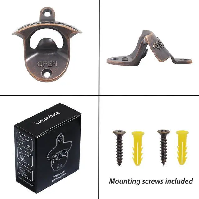 Alt view image 6 of 6 - Old Style Bottle Opener Wall Mounted Beer Cap Opener Cheers Gift, Antique Copper Mountable Soda Bottle Top Opener for Wood Table Cooler Board