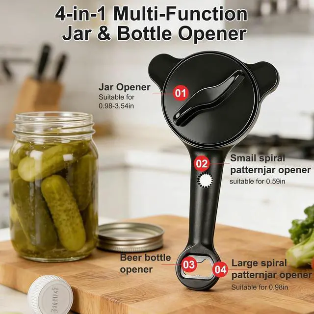 Alt view image 4 of 7 - Jar Openers for Seniors, 4-in-1 Can Opener for Weak Hands & Seniors Ergonomic Non-Slip Handle, Fits 1-3.5 Inch Kitchen Mason Jars, Bottles & Cans (Black)