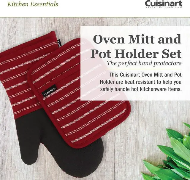 Alt view image 2 of 7 - Cuisinart Neoprene Oven Mitts and Potholder Set-Heat Resistant Oven Gloves to Protect Hands and Surfaces with Non-Slip Grip, Hanging Loop-Ideal for Handling Hot Cookware Items, Twill Stripe Red Dahlia