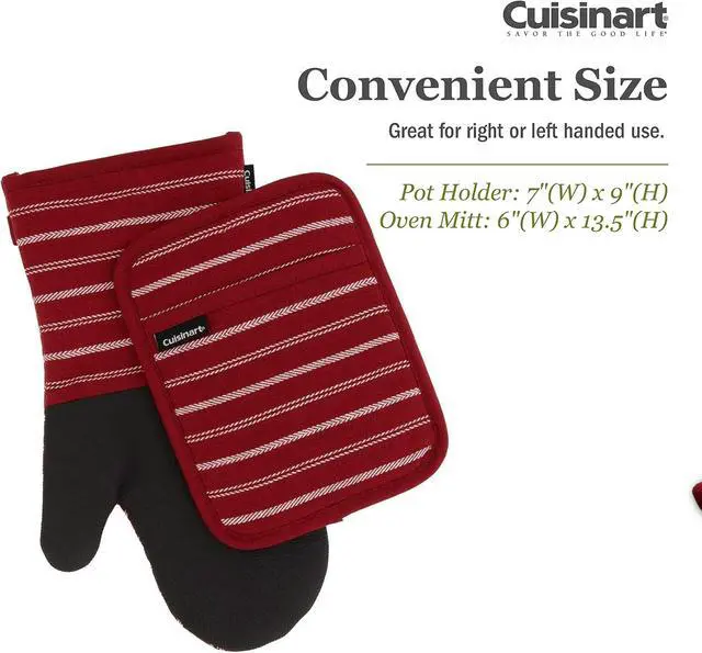 Alt view image 5 of 7 - Cuisinart Neoprene Oven Mitts and Potholder Set-Heat Resistant Oven Gloves to Protect Hands and Surfaces with Non-Slip Grip, Hanging Loop-Ideal for Handling Hot Cookware Items, Twill Stripe Red Dahlia