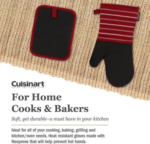 Alt view image 3 of 7 - Cuisinart Neoprene Oven Mitts and Potholder Set-Heat Resistant Oven Gloves to Protect Hands and Surfaces with Non-Slip Grip, Hanging Loop-Ideal for Handling Hot Cookware Items, Twill Stripe Red Dahlia