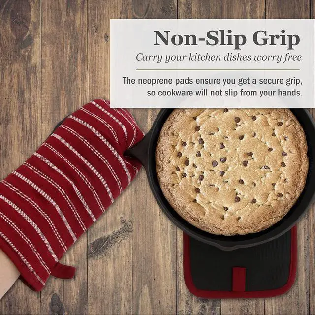 Alt view image 6 of 7 - Cuisinart Neoprene Oven Mitts and Potholder Set-Heat Resistant Oven Gloves to Protect Hands and Surfaces with Non-Slip Grip, Hanging Loop-Ideal for Handling Hot Cookware Items, Twill Stripe Red Dahlia