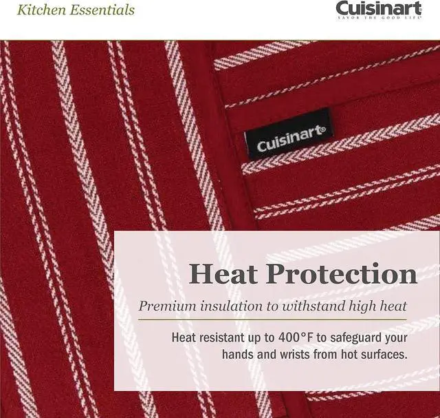 Alt view image 4 of 7 - Cuisinart Neoprene Oven Mitts and Potholder Set-Heat Resistant Oven Gloves to Protect Hands and Surfaces with Non-Slip Grip, Hanging Loop-Ideal for Handling Hot Cookware Items, Twill Stripe Red Dahlia