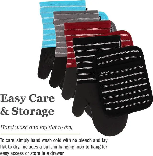Alt view image 7 of 7 - Cuisinart Neoprene Oven Mitts and Potholder Set-Heat Resistant Oven Gloves to Protect Hands and Surfaces with Non-Slip Grip, Hanging Loop-Ideal for Handling Hot Cookware Items, Twill Stripe Red Dahlia