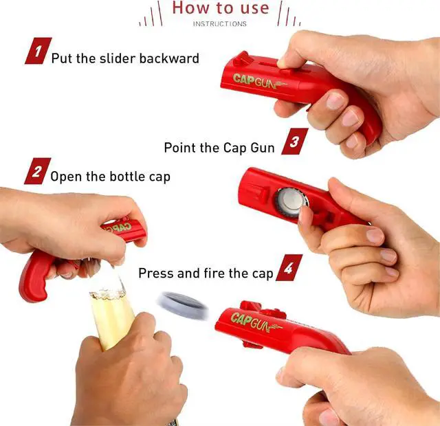 Alt view image 4 of 6 - cap gun bottle opener launcher shooter funny shooting gun creative beverage bottle opener, suitable for party games, family gatherings, outdoor barbecues (2pc black red)