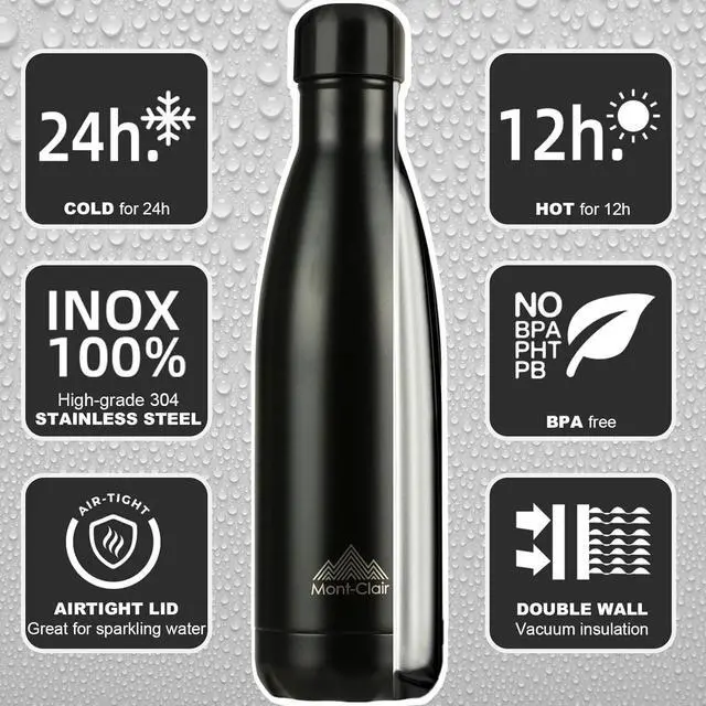 Alt view image 2 of 7 - Mont-Clair l'O Stainless Steel Water Bottle, Vacuum insulated - BPA Free, 12h Hot & 24h Cold Drinks Bottle, Metal, 17 oz Leakproof, Ideal for Adult, Kids, Running - Black