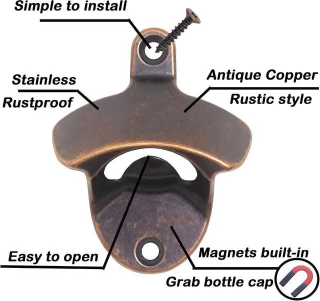 Alt view image 2 of 6 - Magnetic Cola Bottle Cap Opener Wall Mounted Rustic | Old Style, Stainless Metal, Strong Magnets Embedded to Grab Cap, Gift for Dad Husband Friend