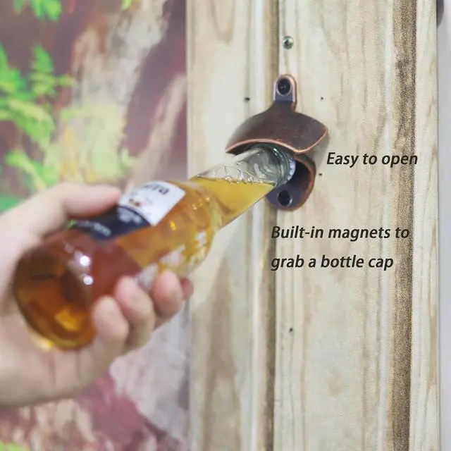 Alt view image 4 of 6 - Magnetic Cola Bottle Cap Opener Wall Mounted Rustic | Old Style, Stainless Metal, Strong Magnets Embedded to Grab Cap, Gift for Dad Husband Friend