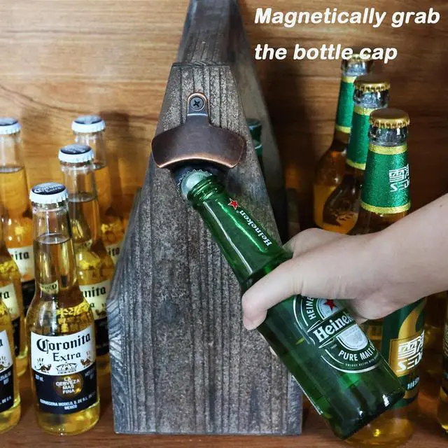 Alt view image 3 of 6 - Magnetic Cola Bottle Cap Opener Wall Mounted Rustic | Old Style, Stainless Metal, Strong Magnets Embedded to Grab Cap, Gift for Dad Husband Friend