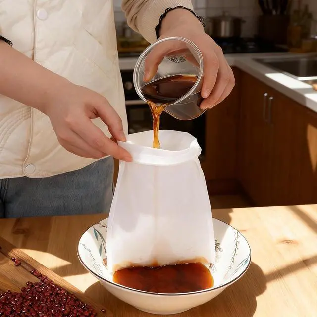 Alt view image 3 of 7 - 5 Pcs Mesh Strainer Bag, 6 x 7.8 Inch Reusable Nut Milk Bag Nylon Fine Mesh Straining Brew Bag Cheese Cloth Bags Food Juicer Bags for Straining Fruit Juice Coffee Home Brewing Wine Yogurt Tea