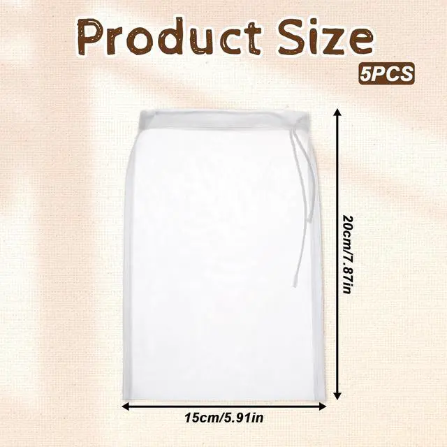 Alt view image 2 of 7 - 5 Pcs Mesh Strainer Bag, 6 x 7.8 Inch Reusable Nut Milk Bag Nylon Fine Mesh Straining Brew Bag Cheese Cloth Bags Food Juicer Bags for Straining Fruit Juice Coffee Home Brewing Wine Yogurt Tea