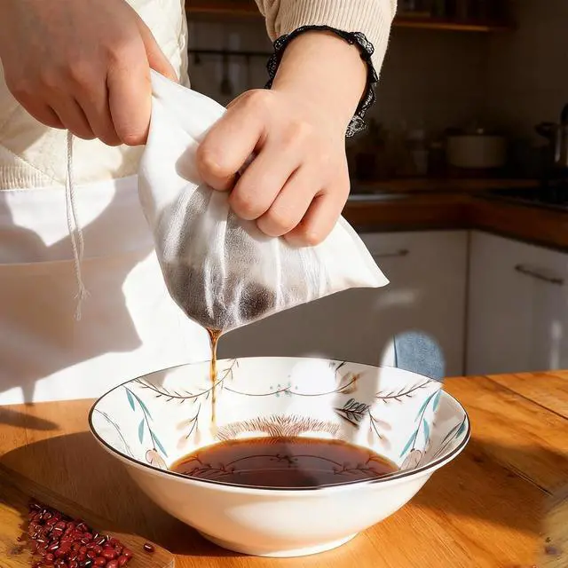 Alt view image 4 of 7 - 5 Pcs Mesh Strainer Bag, 6 x 7.8 Inch Reusable Nut Milk Bag Nylon Fine Mesh Straining Brew Bag Cheese Cloth Bags Food Juicer Bags for Straining Fruit Juice Coffee Home Brewing Wine Yogurt Tea