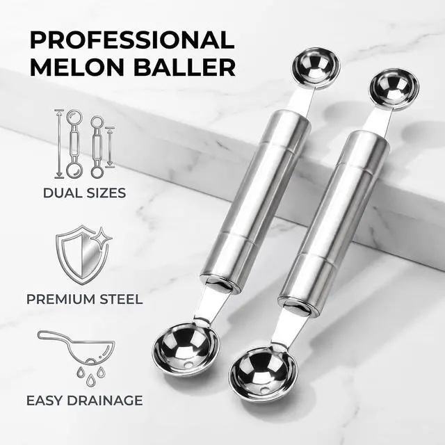 Alt view image 3 of 7 - 2 in 1 Stainless Steel Melon Ballers Melon Scoop,Double-Sided Fruit Melon Baller Spoon, Suitable Watermelon Cantaloupe Ice Cream Comfortable Non-Slip Grip