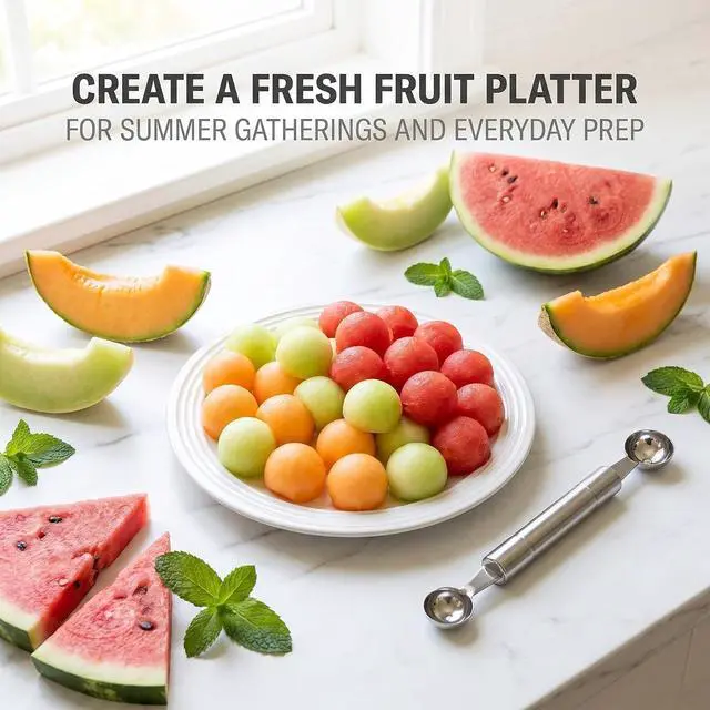 Alt view image 4 of 7 - 2 in 1 Stainless Steel Melon Ballers Melon Scoop,Double-Sided Fruit Melon Baller Spoon, Suitable Watermelon Cantaloupe Ice Cream Comfortable Non-Slip Grip