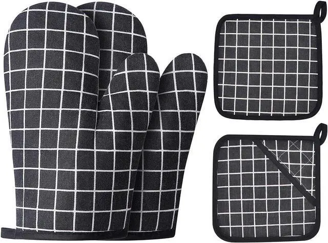 Main image of Oven Mitts and Potholders BBQ Gloves-Oven Mitts and Pot Holders with Recycled Infill Silicone Non-Slip Cooking Gloves for Cooking Baking Grilling (4-Piece Set,Black)