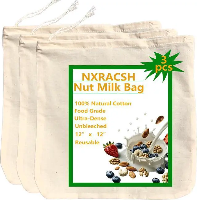 Main image of Nut Milk Bag,Cheese Cloths Bag for Straining,Unbleached Cotton Reusable Ultra-dense Cheesecloth Strainer Bag for Juicing Almond Oat Soy Milk Yogurt Butter Wine Cooking Jelly Turkey(3 pc,12"x 12")