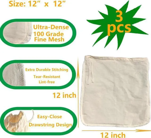 Alt view image 5 of 7 - Nut Milk Bag,Cheese Cloths Bag for Straining,Unbleached Cotton Reusable Ultra-dense Cheesecloth Strainer Bag for Juicing Almond Oat Soy Milk Yogurt Butter Wine Cooking Jelly Turkey(3 pc,12"x 12")