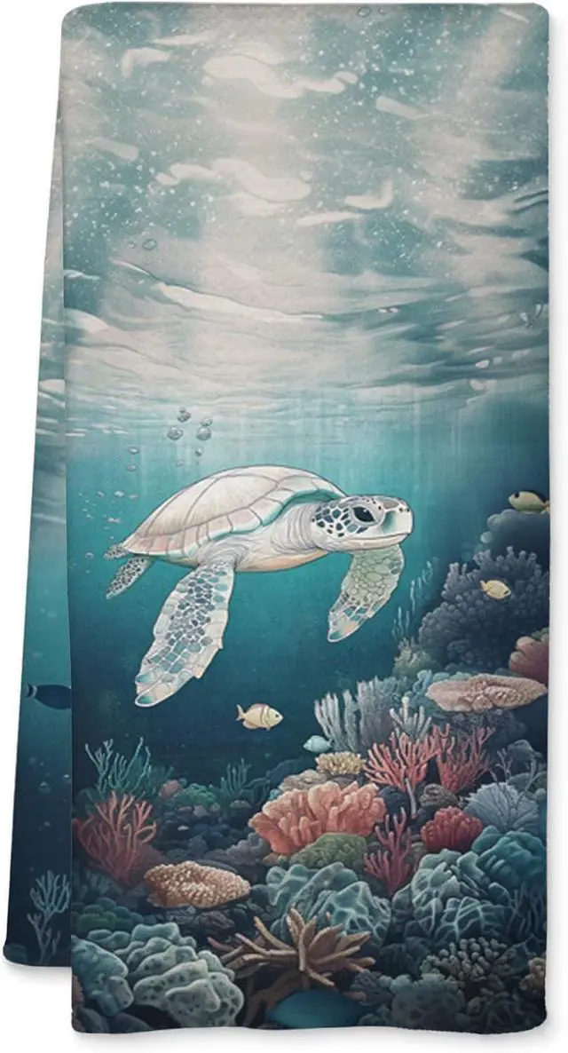 Main image of Sea Turtle Beach Kitchen Towels, Turtle Lover Gifts Decorative Dish Tea Towels for Kitchen, Coastal Nautical Beach Hand Towel for Bathroom Decor, 16x24 Inch