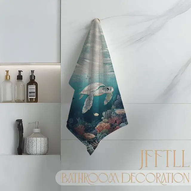 Alt view image 4 of 7 - Sea Turtle Beach Kitchen Towels, Turtle Lover Gifts Decorative Dish Tea Towels for Kitchen, Coastal Nautical Beach Hand Towel for Bathroom Decor, 16x24 Inch