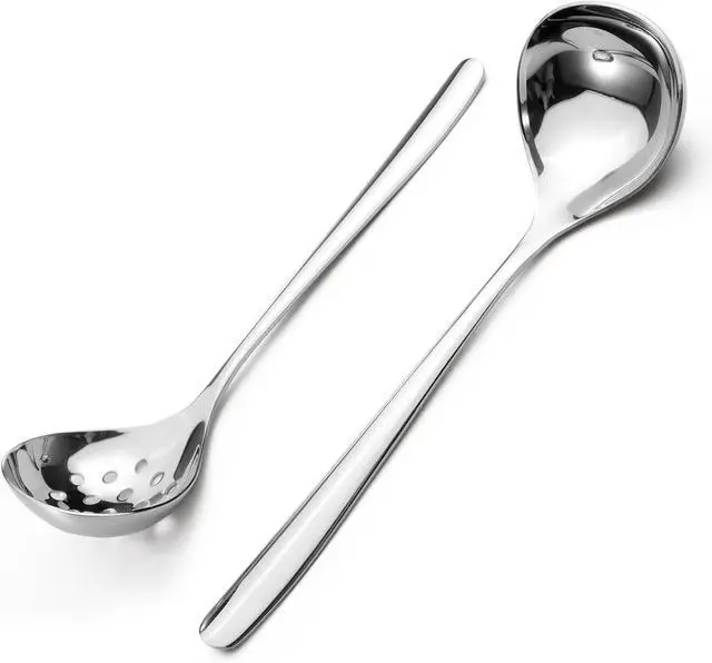 Main image of 2Pcs Small Ladle and Slotted Spoon, Heavy Duty 304 Stainless Steel Gravy Ladle Mini Soup Ladles for Serving, Skimmer Strainer Spoon with Holes, Silver