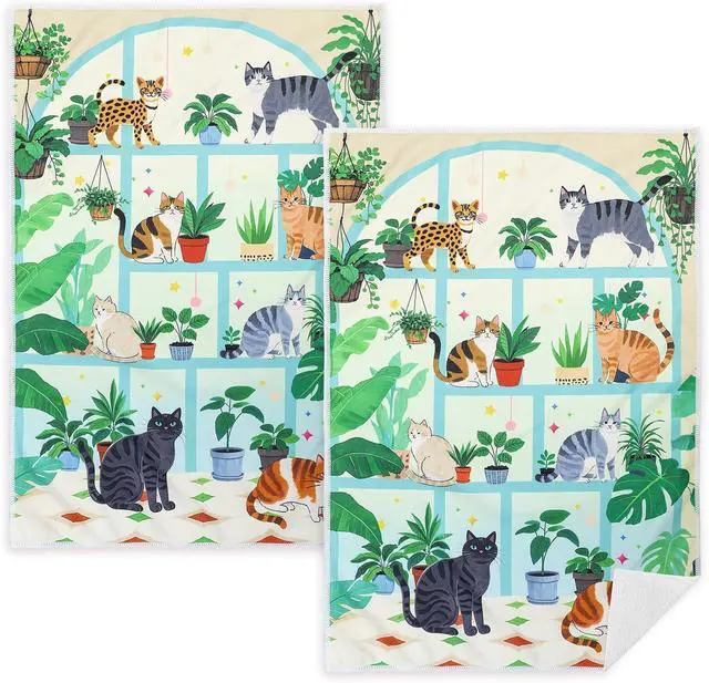 Main image of 2 Pack Plant Cat Kitchen Towels, Cute Microfiber Hand Towels | Hanging Loop, For Women Girls, 16×24 Inch, Reusable Dish Tea Towel, Home Kitchen Bathroom Decor Dishcloths
