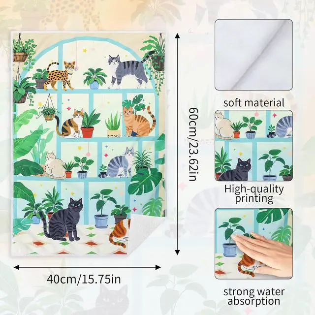 Alt view image 2 of 7 - 2 Pack Plant Cat Kitchen Towels, Cute Microfiber Hand Towels | Hanging Loop, For Women Girls, 16×24 Inch, Reusable Dish Tea Towel, Home Kitchen Bathroom Decor Dishcloths