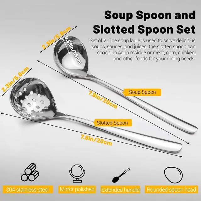 Alt view image 2 of 7 - 2Pcs Small Ladle and Slotted Spoon, Heavy Duty 304 Stainless Steel Gravy Ladle Mini Soup Ladles for Serving, Skimmer Strainer Spoon with Holes, Silver