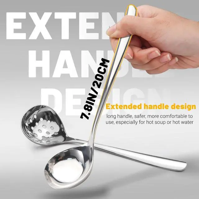 Alt view image 4 of 7 - 2Pcs Small Ladle and Slotted Spoon, Heavy Duty 304 Stainless Steel Gravy Ladle Mini Soup Ladles for Serving, Skimmer Strainer Spoon with Holes, Silver