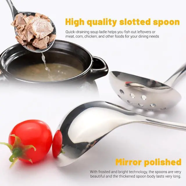 Alt view image 6 of 7 - 2Pcs Small Ladle and Slotted Spoon, Heavy Duty 304 Stainless Steel Gravy Ladle Mini Soup Ladles for Serving, Skimmer Strainer Spoon with Holes, Silver