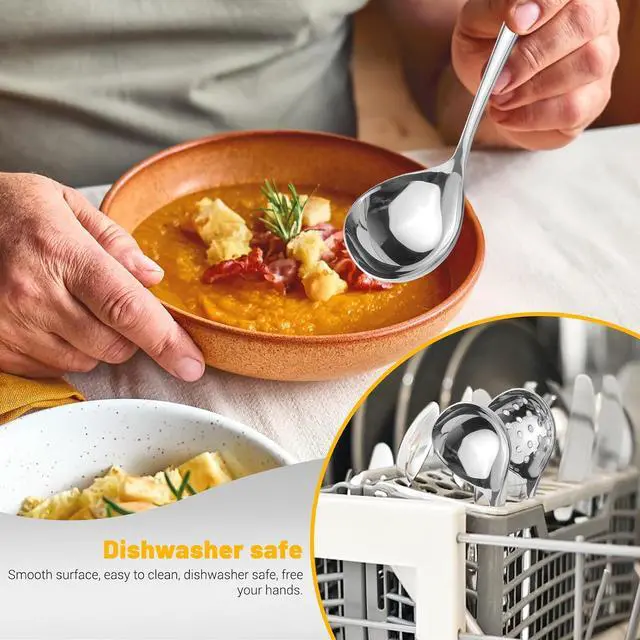 Alt view image 7 of 7 - 2Pcs Small Ladle and Slotted Spoon, Heavy Duty 304 Stainless Steel Gravy Ladle Mini Soup Ladles for Serving, Skimmer Strainer Spoon with Holes, Silver