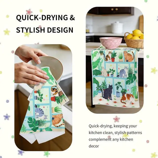 Alt view image 4 of 7 - 2 Pack Plant Cat Kitchen Towels, Cute Microfiber Hand Towels | Hanging Loop, For Women Girls, 16×24 Inch, Reusable Dish Tea Towel, Home Kitchen Bathroom Decor Dishcloths