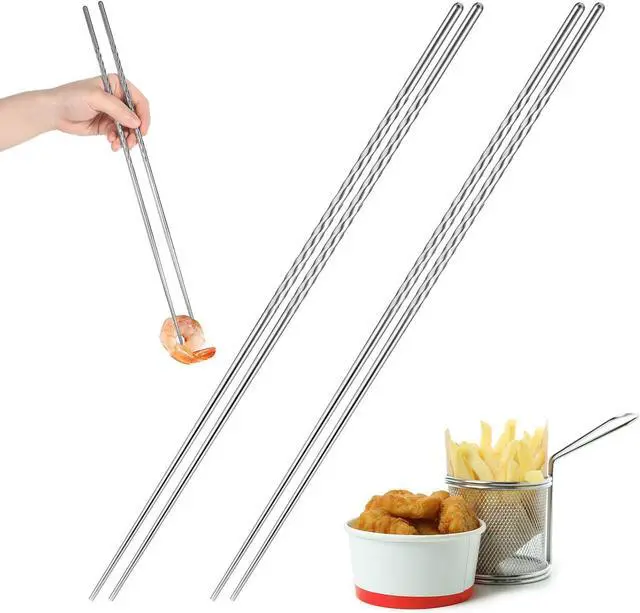 Main image of 2 Pairs Stainless Steel Chopsticks with Non Slip Threaded, 15.3 Inch Extra Long Cooking Chopsticks Reusable for Hot Pot, Noodle, Cooking, Frying (Silver)