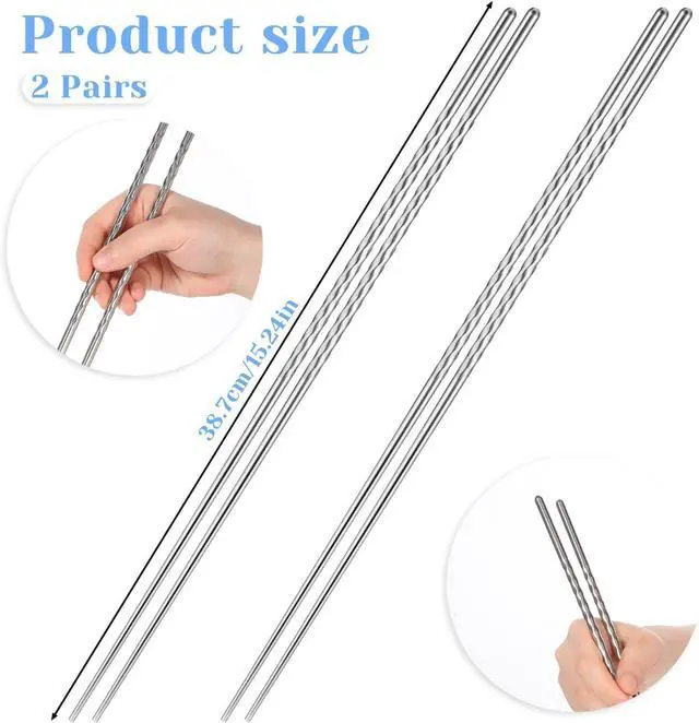 Alt view image 2 of 7 - 2 Pairs Stainless Steel Chopsticks with Non Slip Threaded, 15.3 Inch Extra Long Cooking Chopsticks Reusable for Hot Pot, Noodle, Cooking, Frying (Silver)