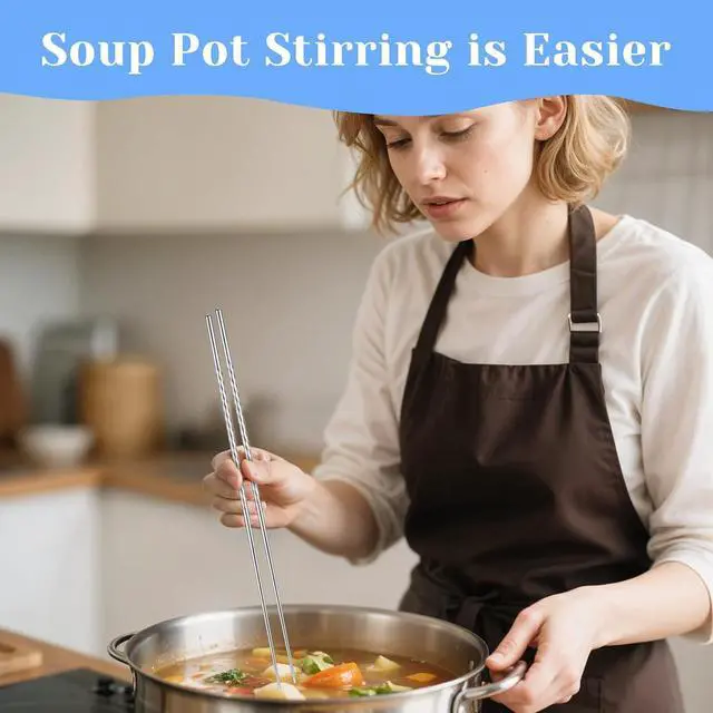 Alt view image 5 of 7 - 2 Pairs Stainless Steel Chopsticks with Non Slip Threaded, 15.3 Inch Extra Long Cooking Chopsticks Reusable for Hot Pot, Noodle, Cooking, Frying (Silver)