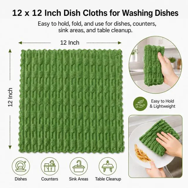 Alt view image 2 of 7 - kimteny Microfiber Dish Cloths for Washing Dishes 8 Pack, Dark Green | 12 x 12 Inch Absorbent Coral Velvet Dish Rags, Soft Non Scratch Kitchen Dish Cloths for Dishes, Sink and Counter
