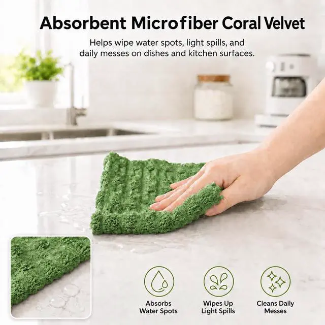 Alt view image 3 of 7 - kimteny Microfiber Dish Cloths for Washing Dishes 8 Pack, Dark Green | 12 x 12 Inch Absorbent Coral Velvet Dish Rags, Soft Non Scratch Kitchen Dish Cloths for Dishes, Sink and Counter