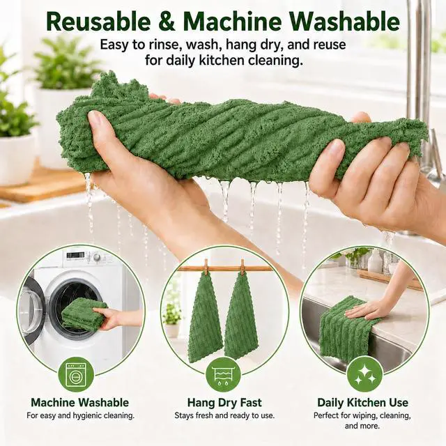 Alt view image 5 of 7 - kimteny Microfiber Dish Cloths for Washing Dishes 8 Pack, Dark Green | 12 x 12 Inch Absorbent Coral Velvet Dish Rags, Soft Non Scratch Kitchen Dish Cloths for Dishes, Sink and Counter